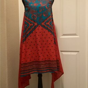 Global Desi Red and Teal Asymmetrical Printed Dress.  C33